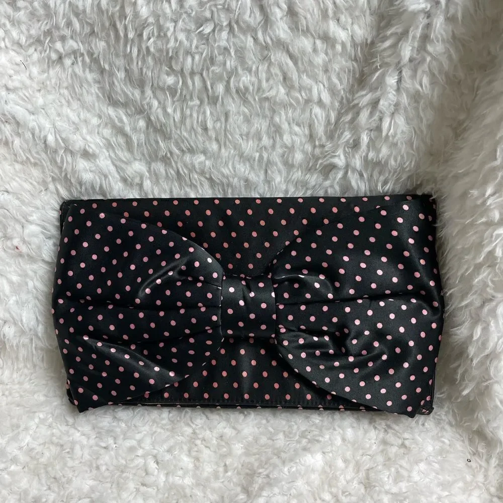 COPY - Betsey Johnson Satin Navy blue and pink polka dots Satin clutch with bow…